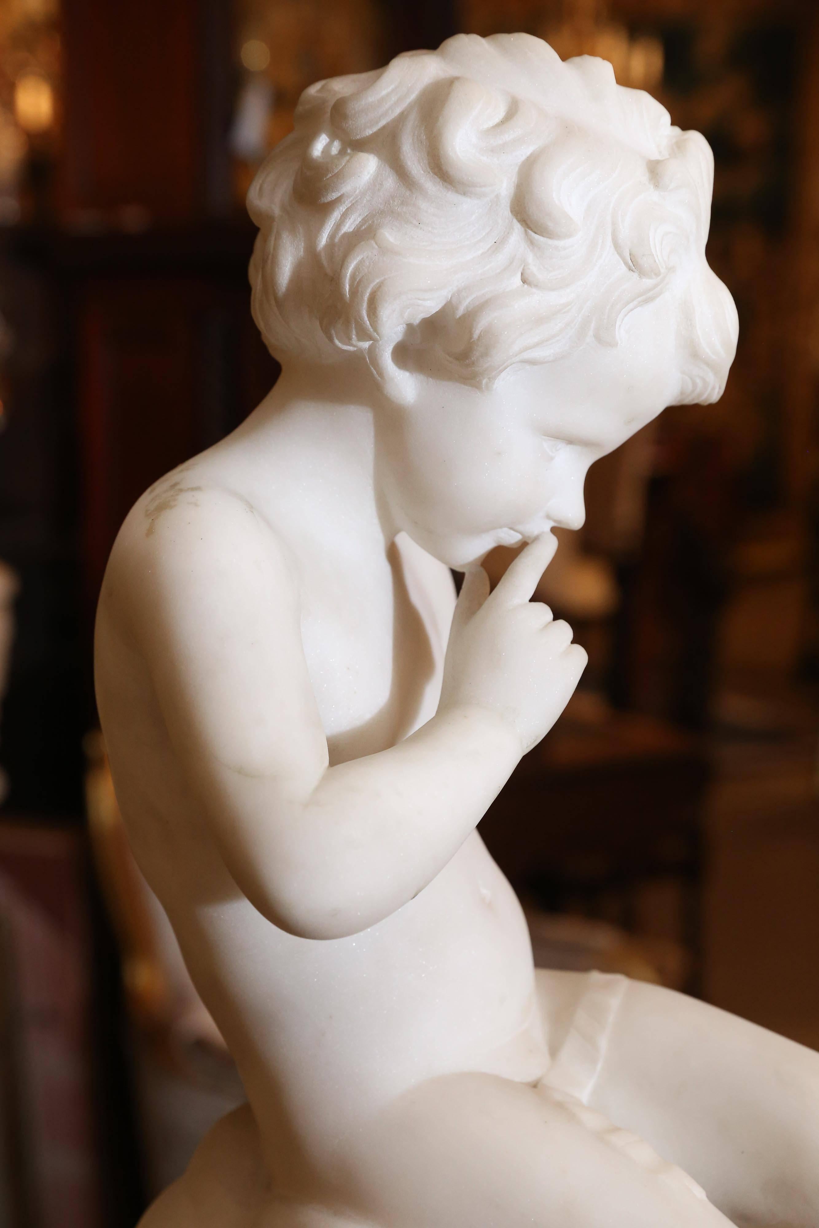 Italian Sculpture in Carrara Marble of a Figural Boy in a Pose 