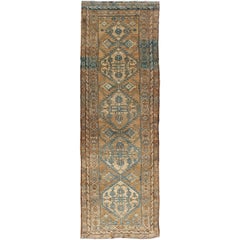 Antique Persian Bakhshaish Runner with Geometric Medallions in Brown and Blue