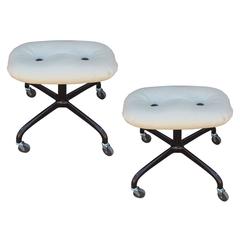 Pair of Modern Knoll Leather Rolling Stools Buttons