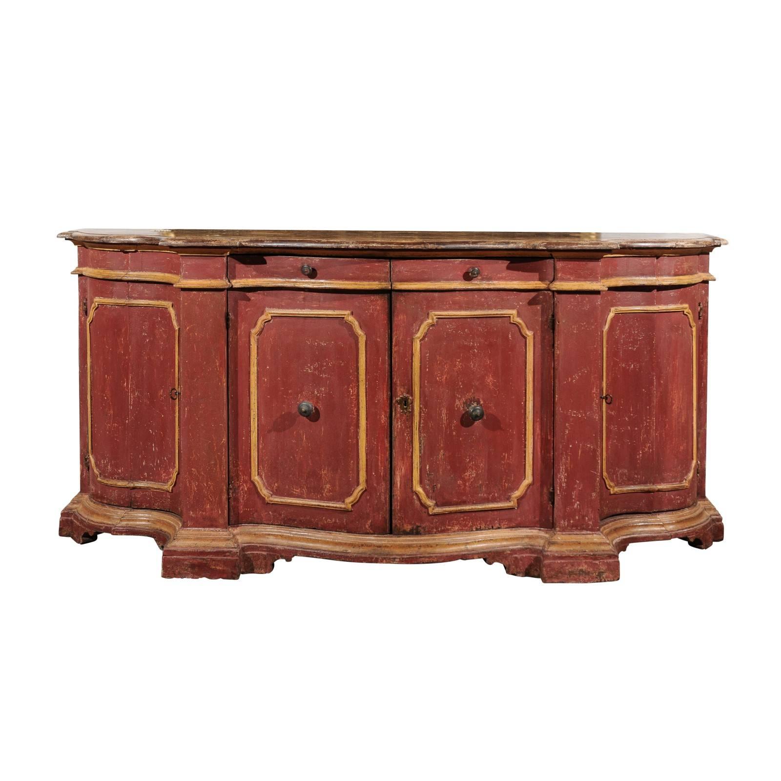 Venetian Red Painted Serpentine Front Credenza with Two Drawers over Four Doors For Sale