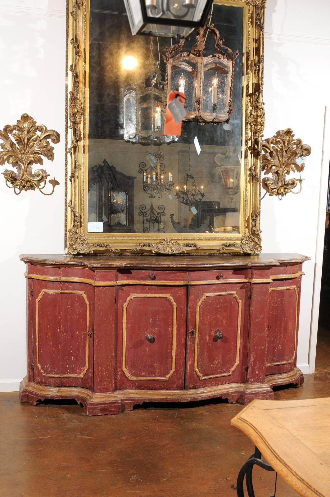 Rococo Venetian Red Painted Serpentine Front Credenza with Two Drawers over Four Doors For Sale