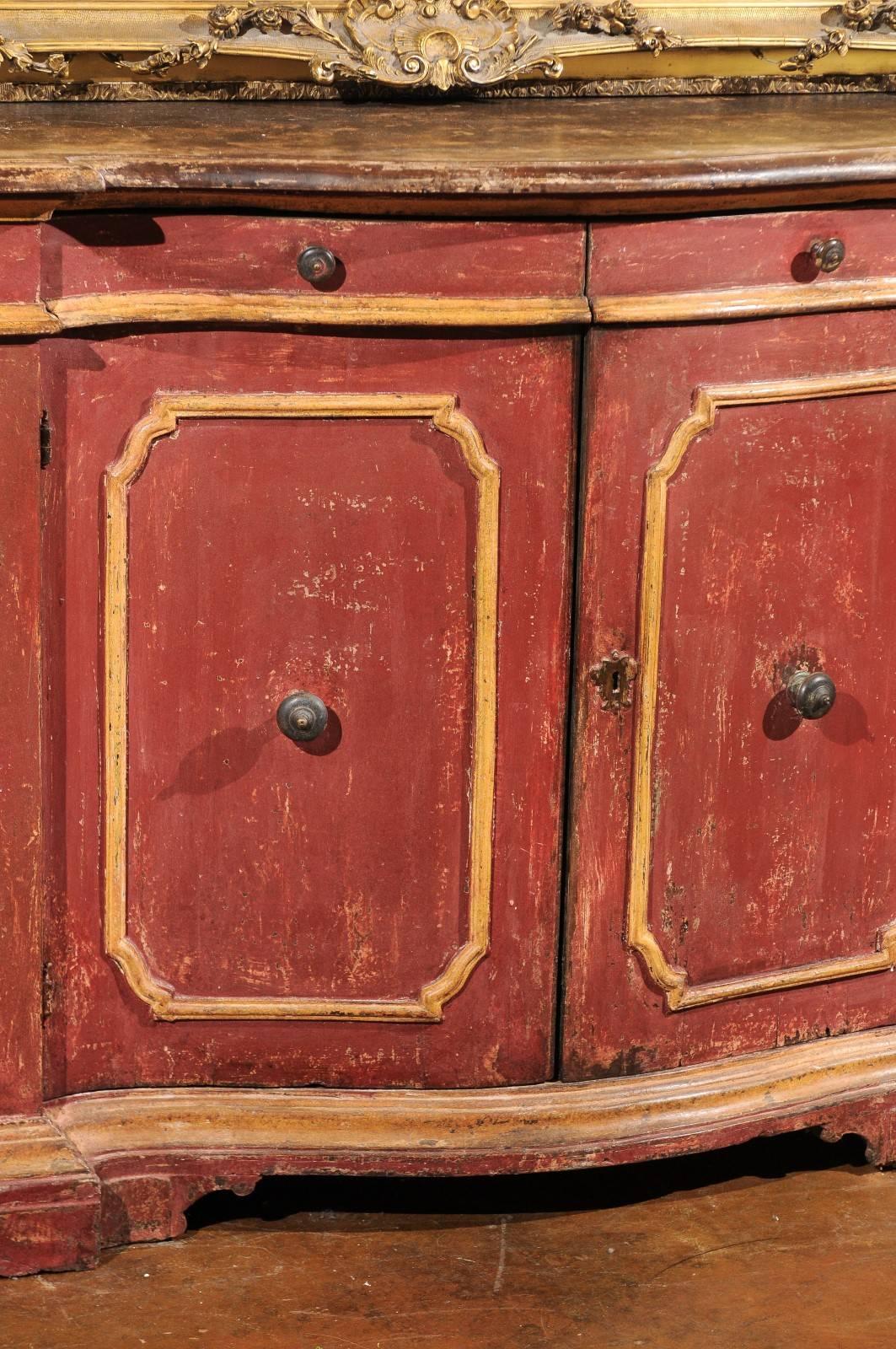 Venetian Red Painted Serpentine Front Credenza with Two Drawers over Four Doors In Excellent Condition For Sale In Atlanta, GA