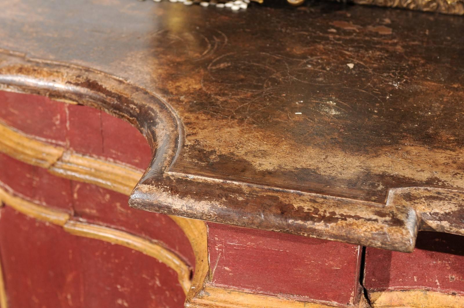 19th Century Venetian Red Painted Serpentine Front Credenza with Two Drawers over Four Doors For Sale