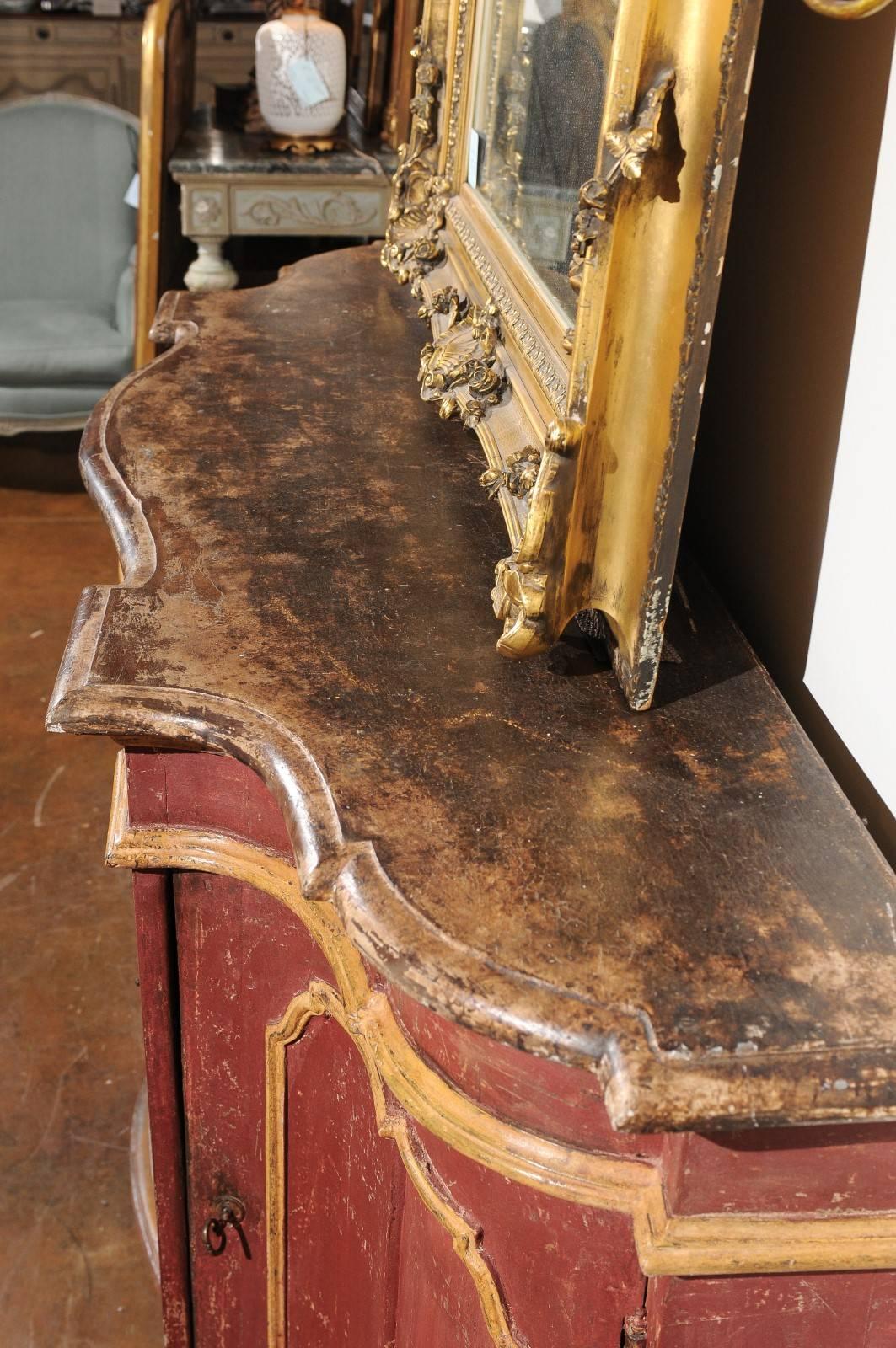 Wood Venetian Red Painted Serpentine Front Credenza with Two Drawers over Four Doors For Sale