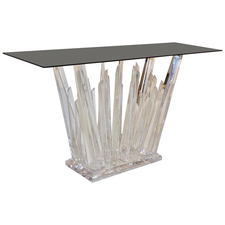 Rock Lucite Console of Modern Abstract Design with Smoked Black Glass