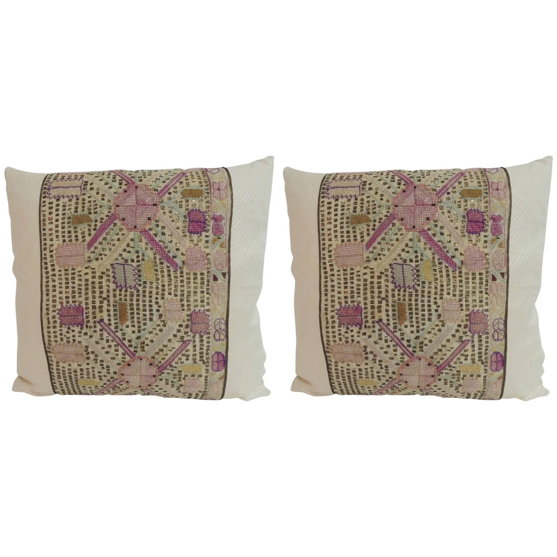 Pair of 19th Century Turkish Embroidered Linen Square Decorative Pillows