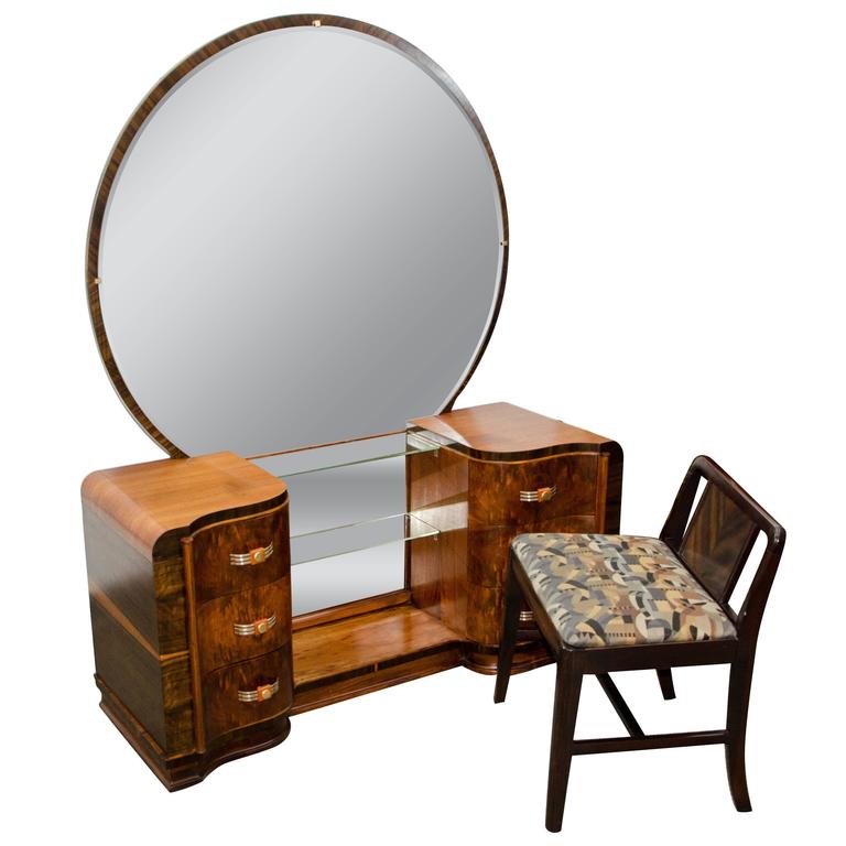 Walnut Art Deco Dressing Table / Vanity with Mirror For Sale at 1stdibs
