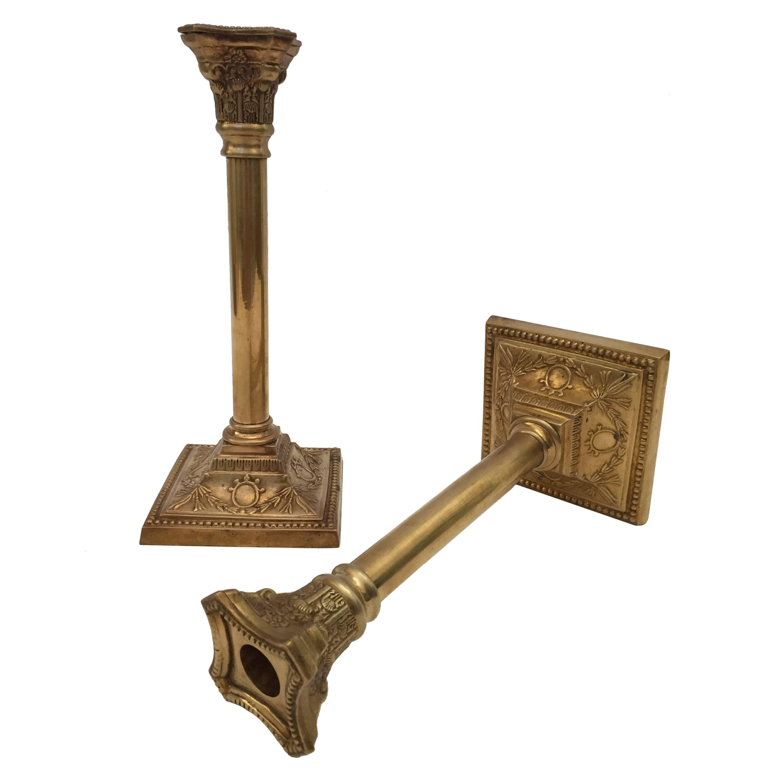 Pair of Antique Victorian Brass Candlesticks Square Base For Sale