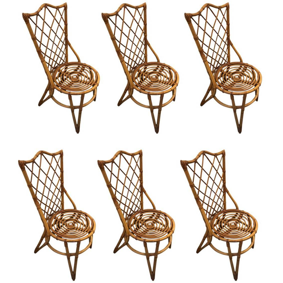 Fantastic Set of Six Audoux Minet Wicker Chairs, circa 1960 For Sale