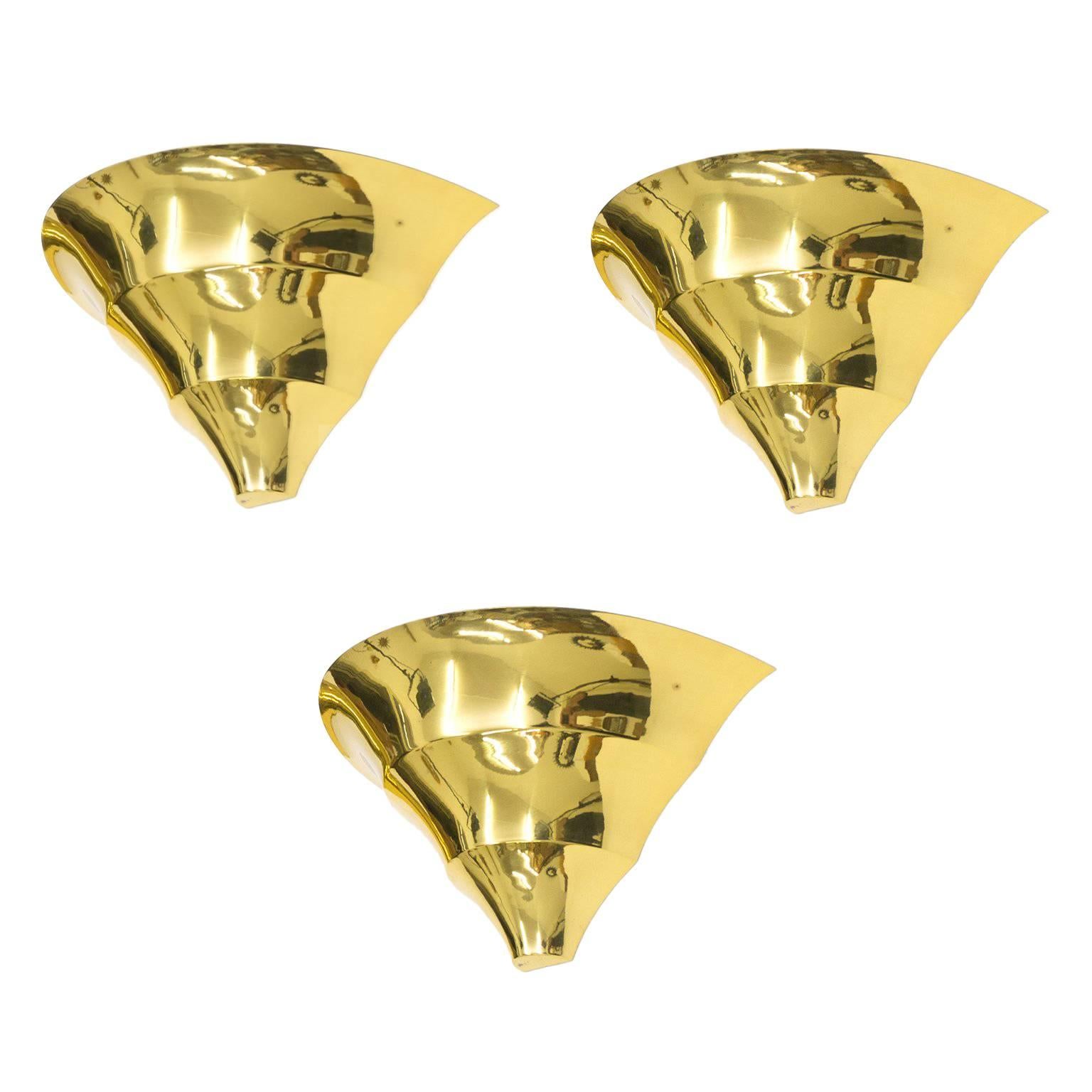 Set of Three Italian Brass Uplight Sconces, 1970s