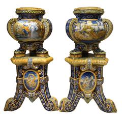 Antique Pair of Gardeners with Their Stand in Faience, Urbino Workshop, Italy