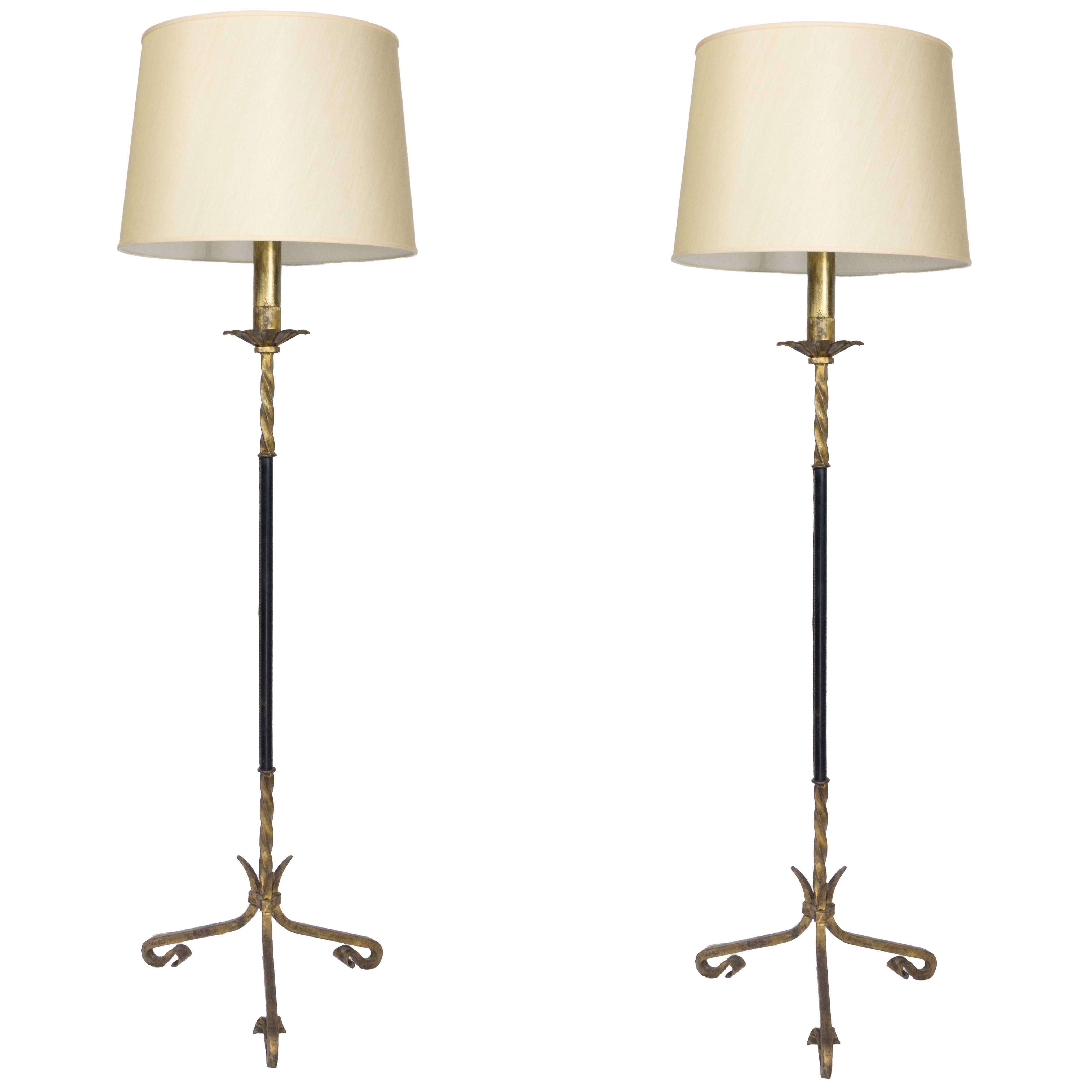 Pair of Spanish Gilt Wrought Iron Floor Lamps with Leather Wrapped Stems