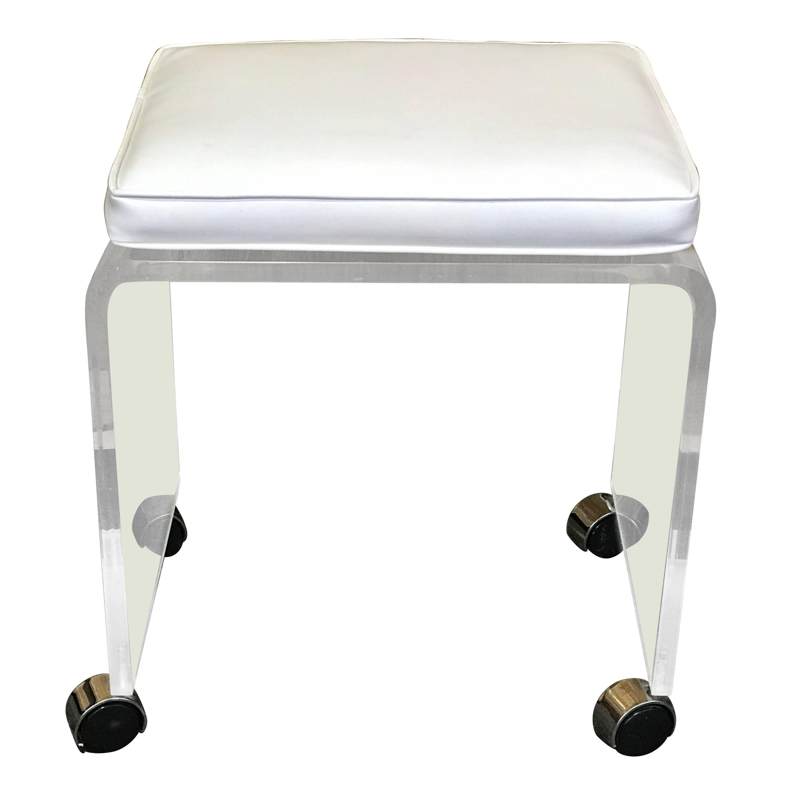 Lucite Bench or Stool with White Naugahyde Cushion Raised on Chrome Casters