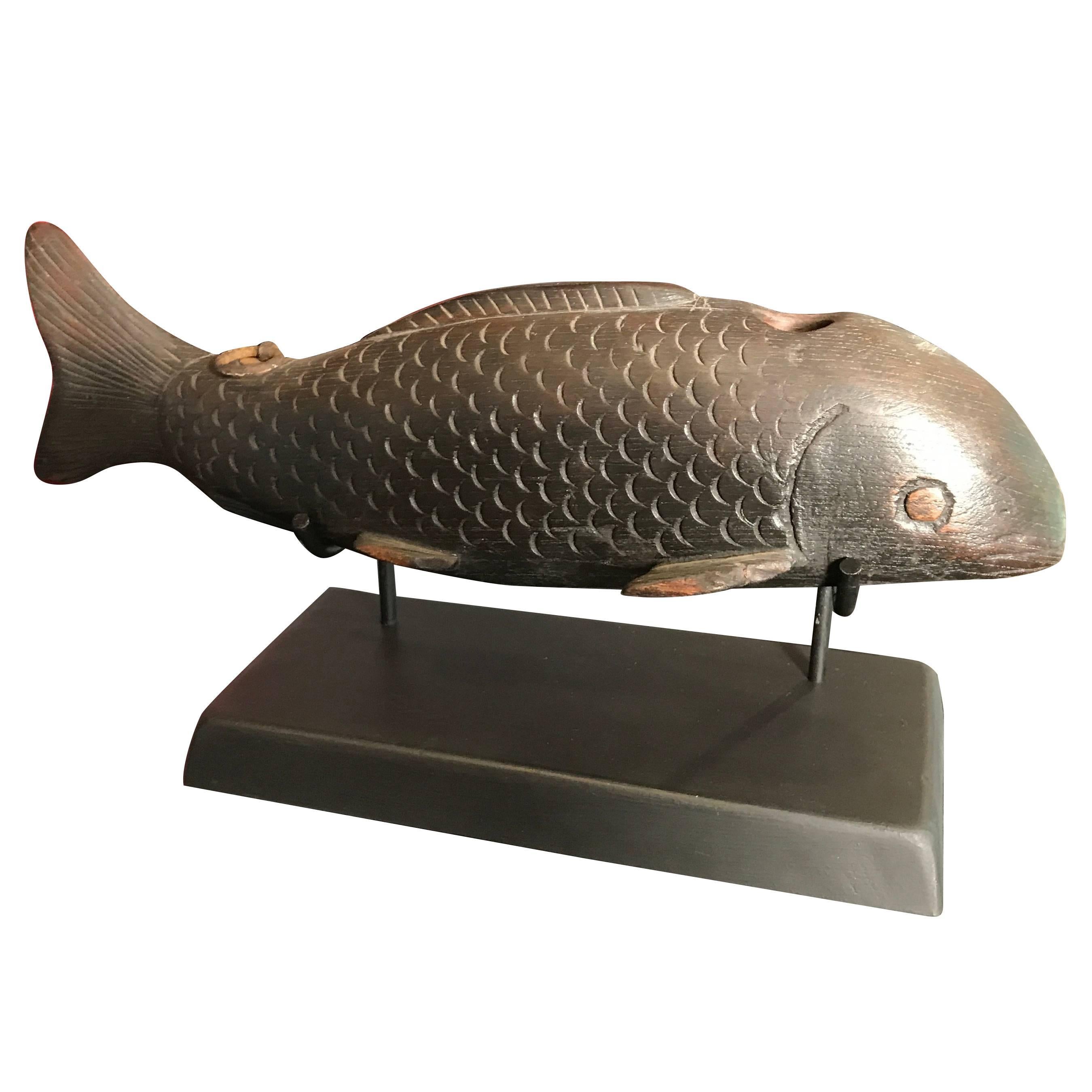 Japanese Hand-Carved Wood Koi Good Fortune Fish Sculpture Signed, 19th Century