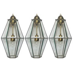Set of Three Italian Mid-Century Beveled Glass and Brass Lanterns