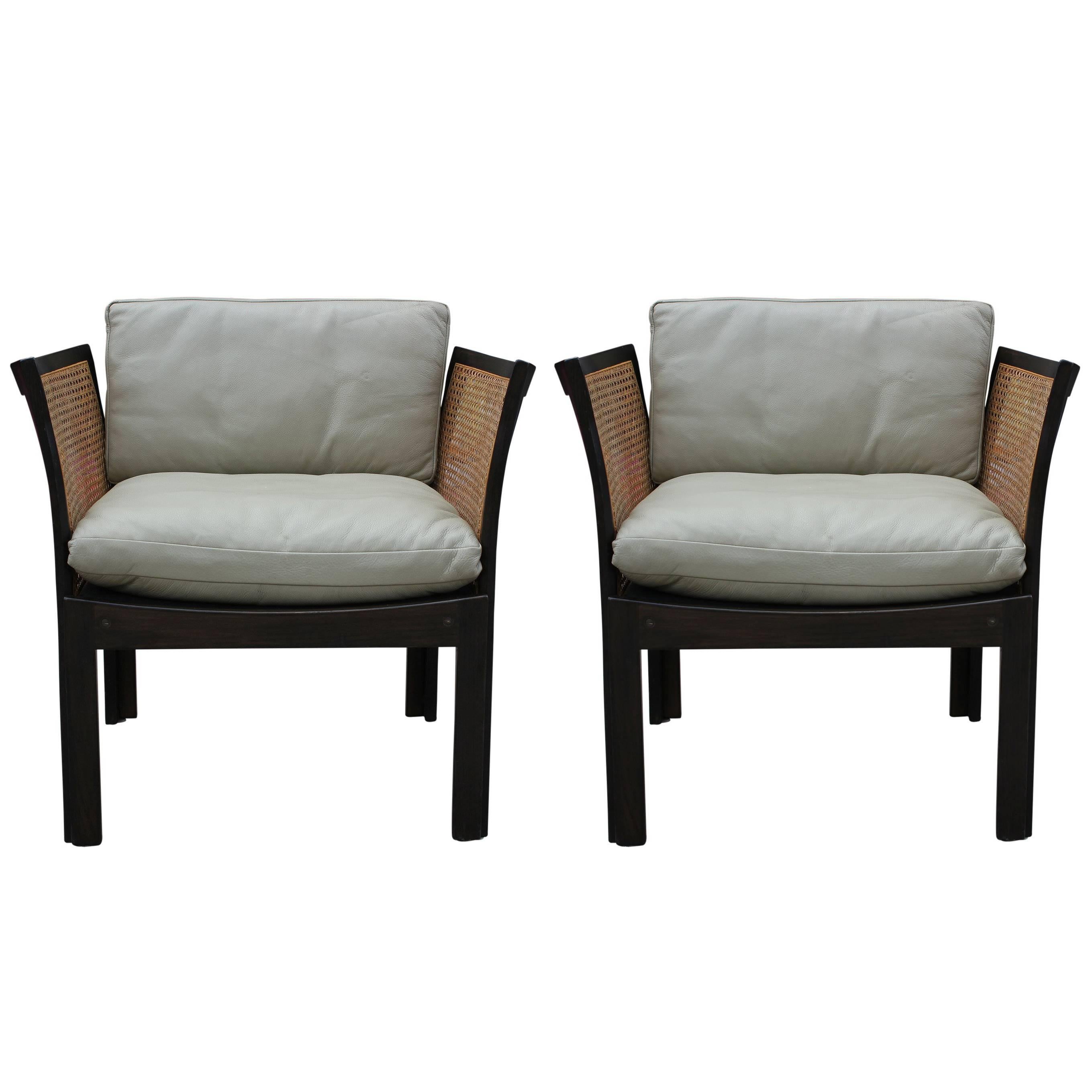 Pair of Illum Wikkelso Leather and Cane Danish Lounge Chairs Holger Christiansen