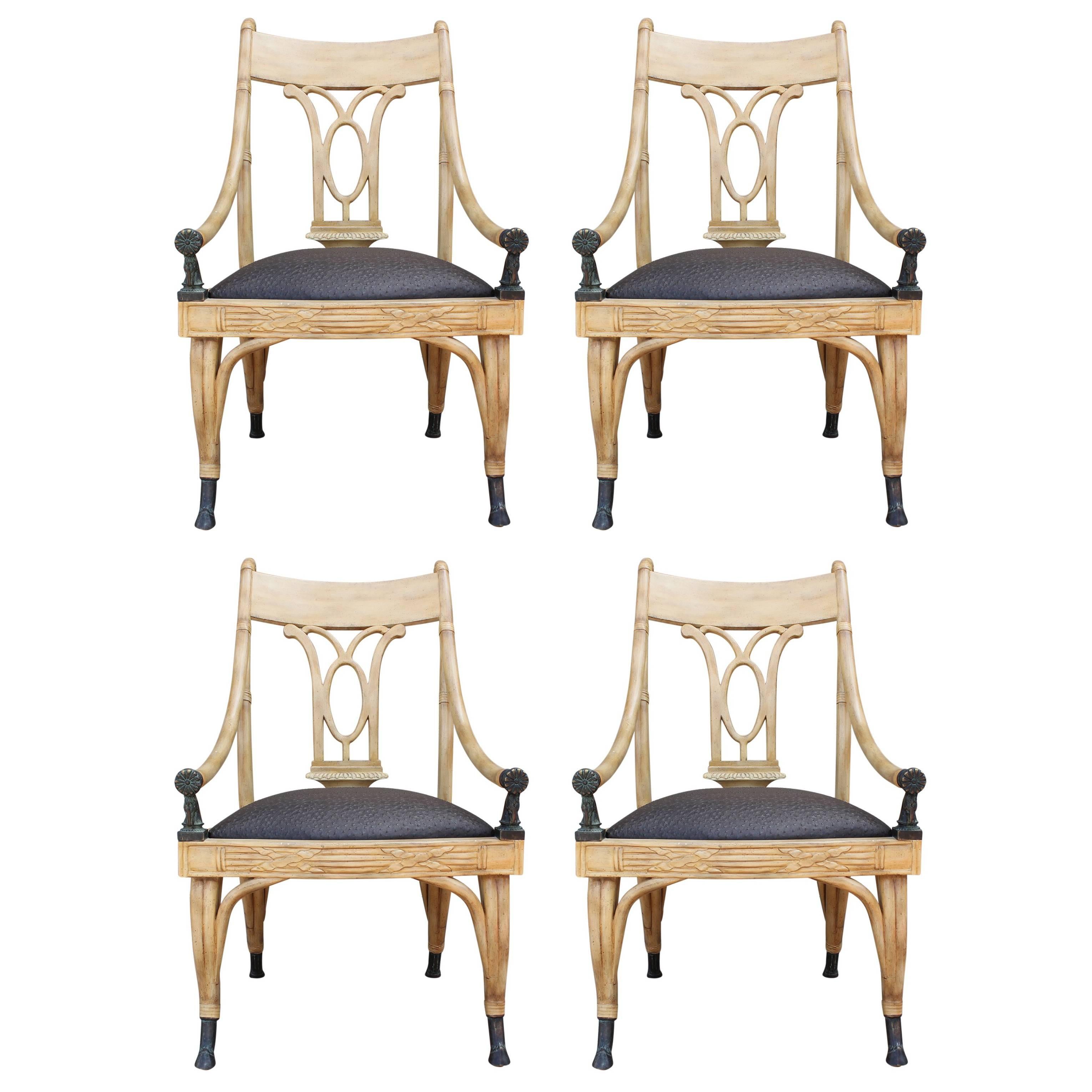 Set of Four Maitland Smith Horse Arm Light Dining Chairs