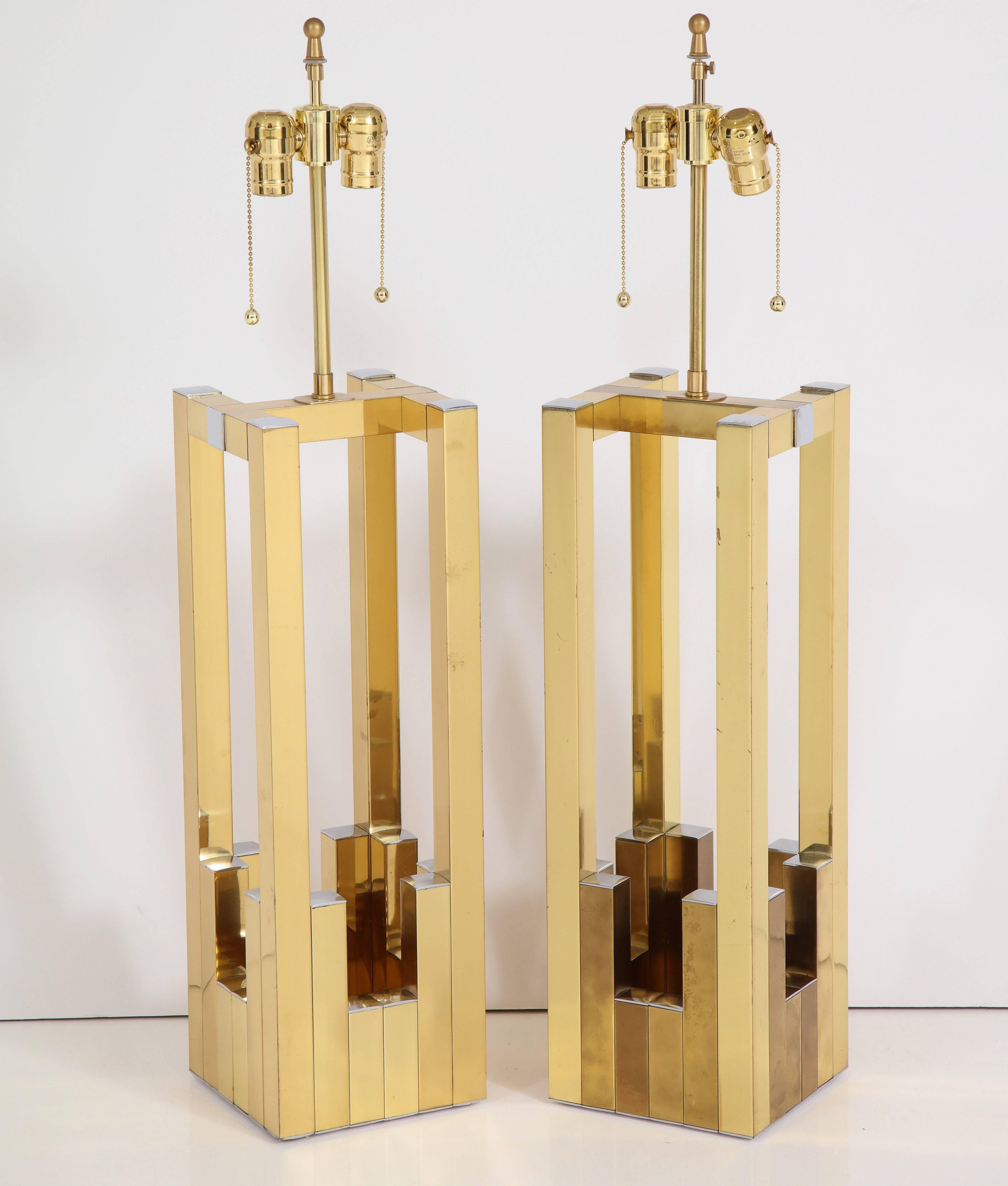 Fabulous pair of extra large table lamps in chrome and brass designed by Willy Rizzo for Lumica. Fabulous sculptural brass lamps with chrome tips are a unique 1970s design reflective of Rizzo's Italian genius. Signed Lumica with original sticker.