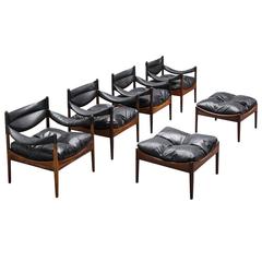 Kristian Vedel Four Lounge Chairs Original Black Leather and Rosewood