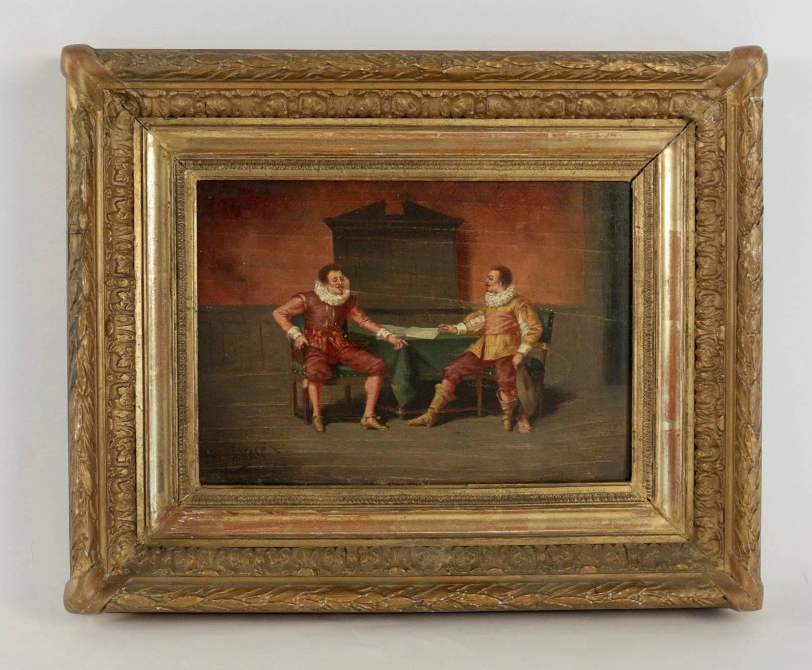 Charming painting, it depicts the conversation between 16th-century characters.
Canadian school, late 19th-century, sign on the lower left by Ludger Larose, circa 1890.

Fine original condition.
Original panel.
Original giltwood frame.

Dimensions: