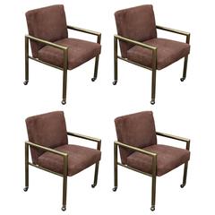 Set of Four Modern Brushed Brass and Brown Suede Dining or Lounge Chairs 11