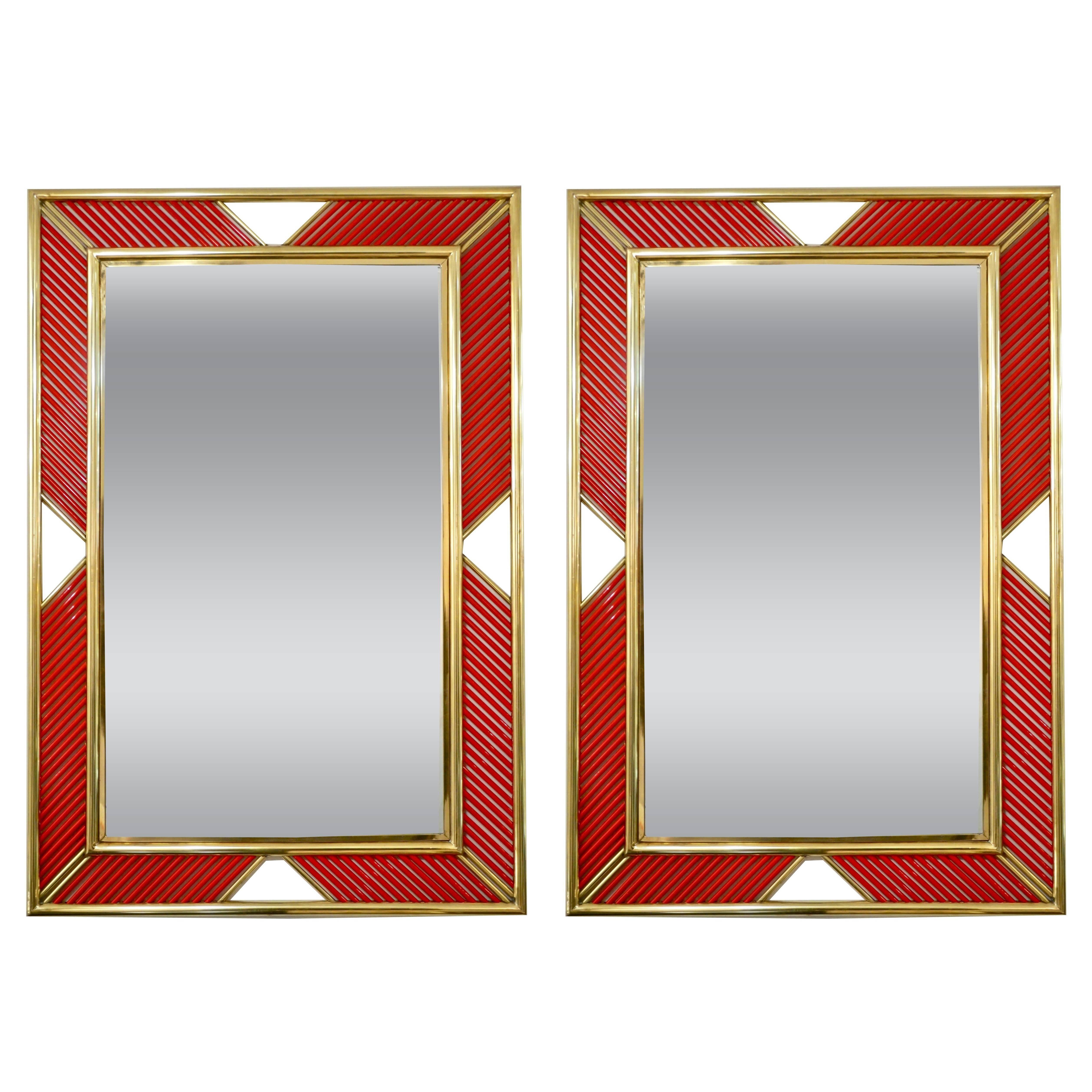 Italian Modern Brass Geometric Mirror with Red Murano Glass Baguettes