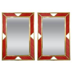 Italian Modern Brass Geometric Mirror with Red Murano Glass Baguettes