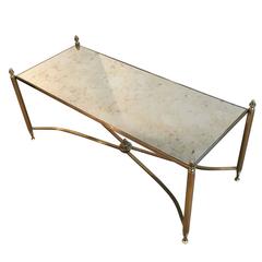 French Brass and Antiqued Mirror Coffee Table, 1940s