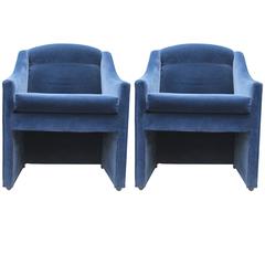 Pair of Modern Lounge Chairs Fully Upholstered in Original Deep Blue Velvet