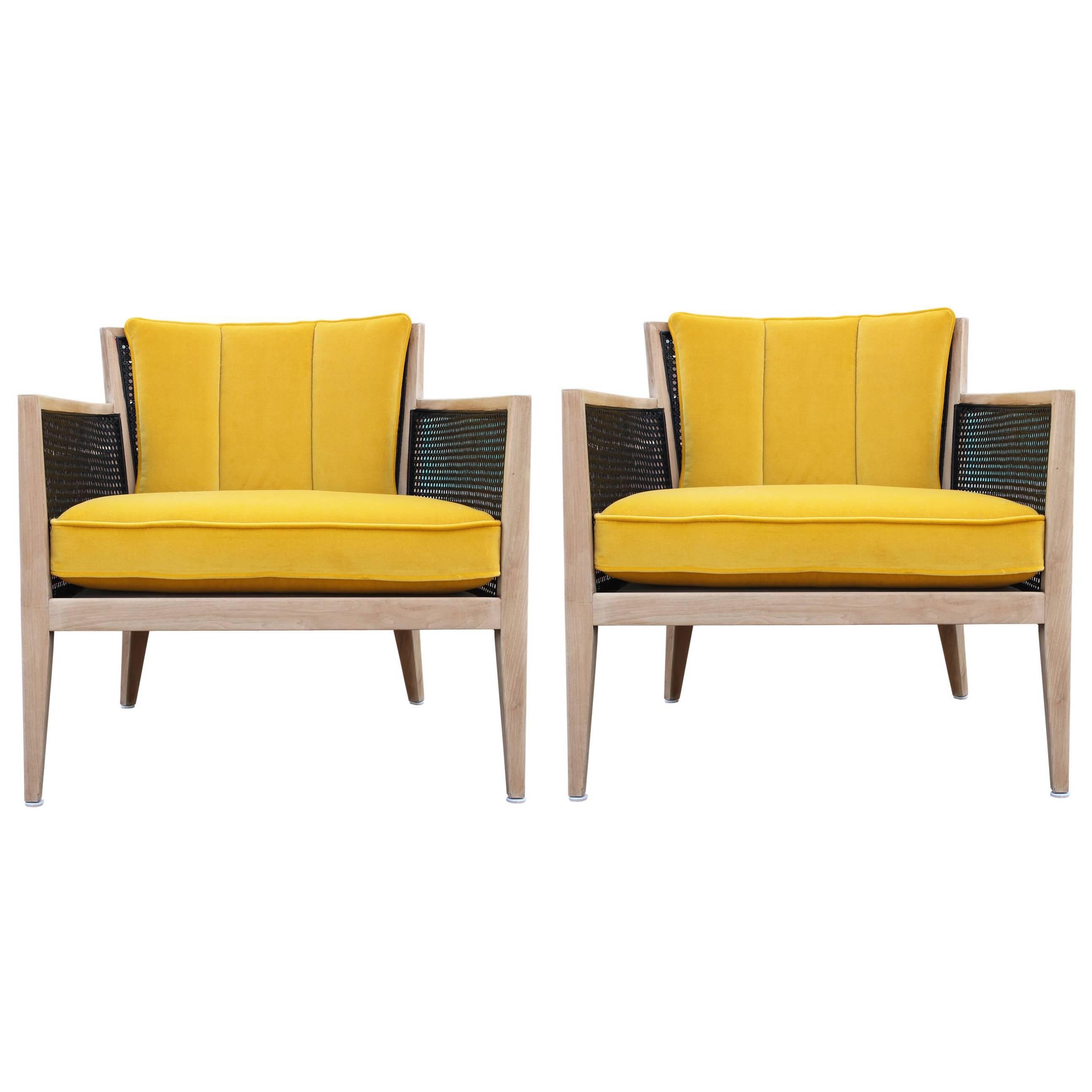Pair of Modern Harvey Probber Bleached Wood Cane Lounge Chairs in Yellow Velvet