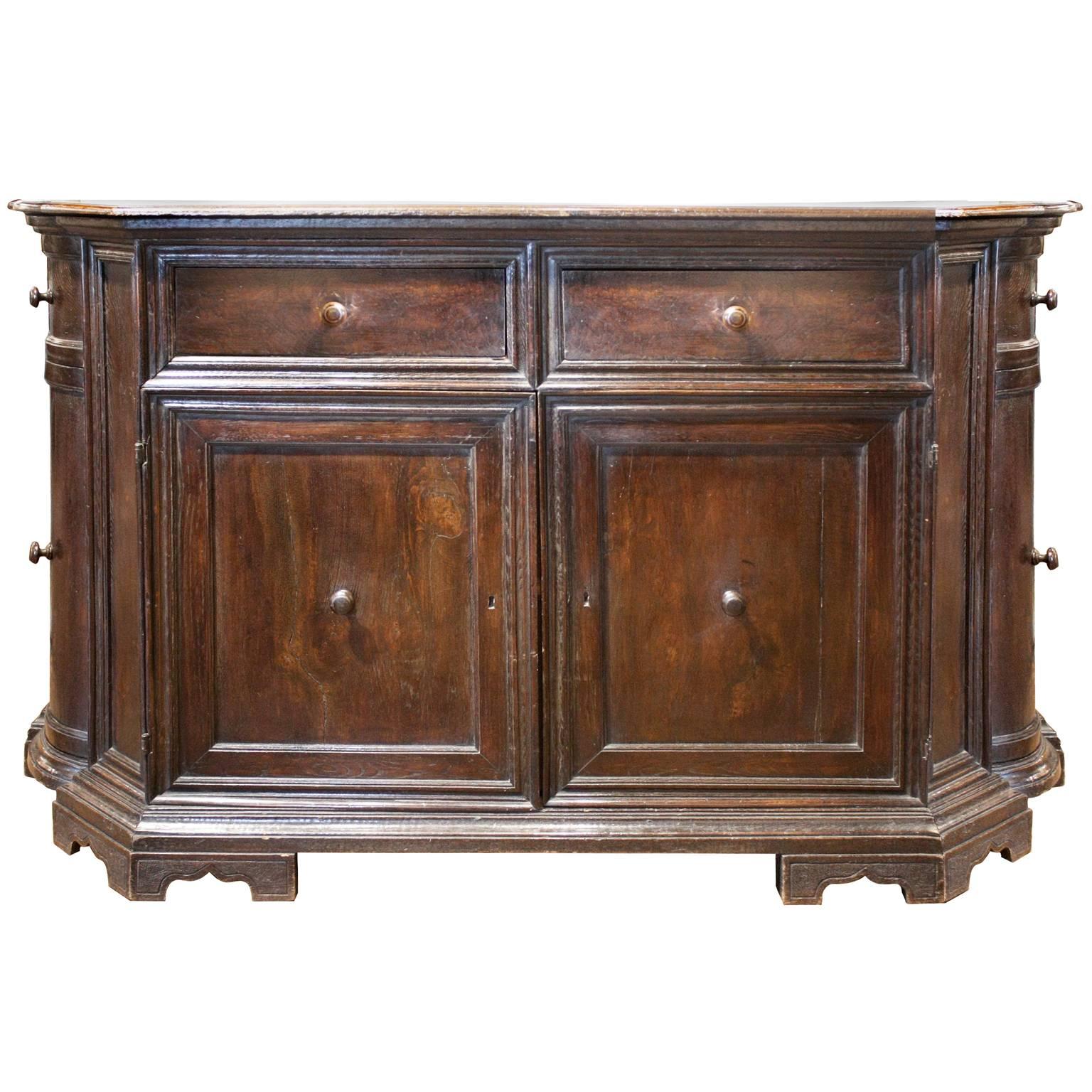 European 1850s Walnut Credenza with Two Drawers, Double Doors and Convex Sides
