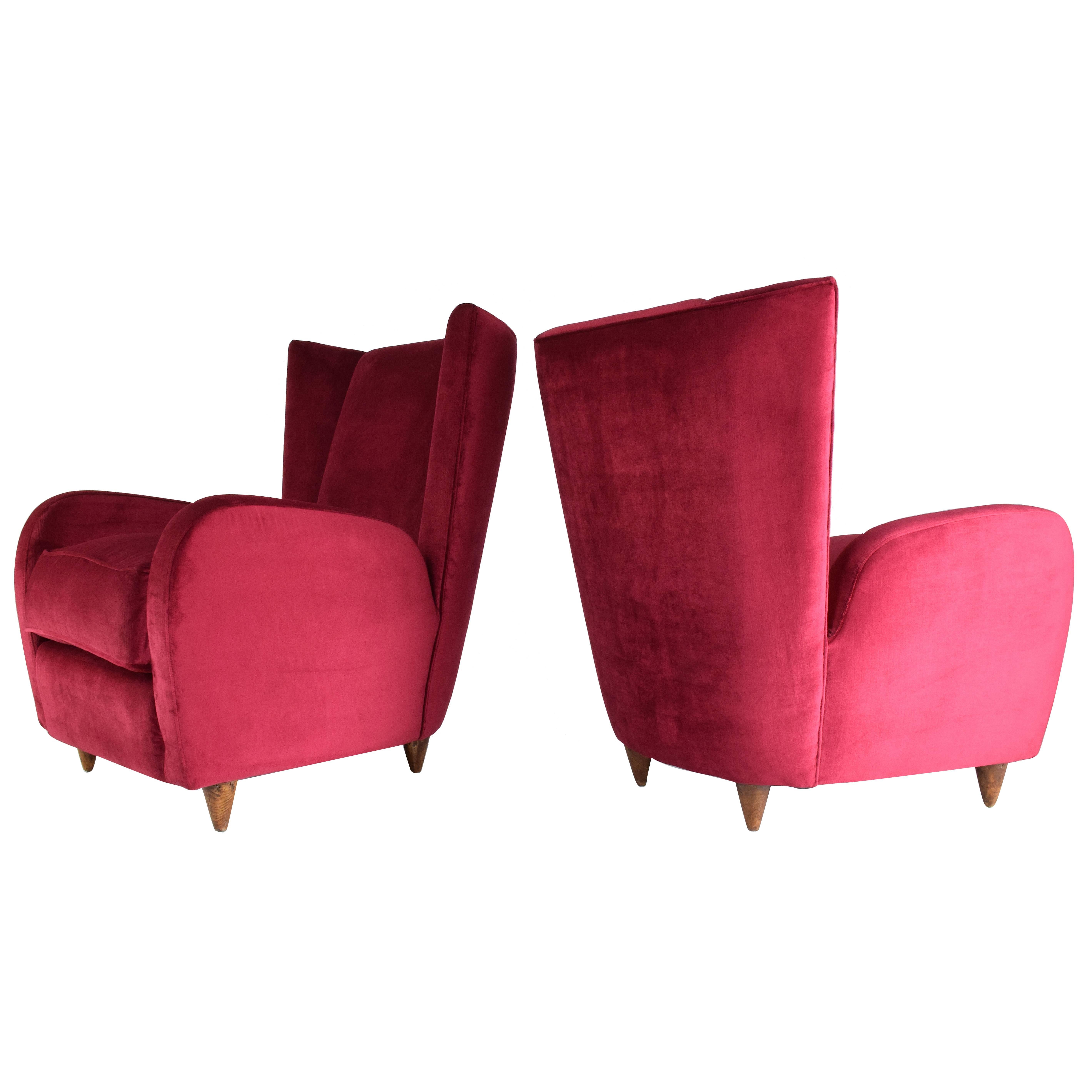 Pair of 20th century vintage Italian curved armchairs by Paolo Buffa in fully restored condition with high backrest and comfortable depth. We have re upholstered the chairs using a red Lelièvre Paris velvet, one of the highest quality fabric makers