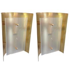 Pair Half Moon Brass and Frosted Glass Sconces, 1980s