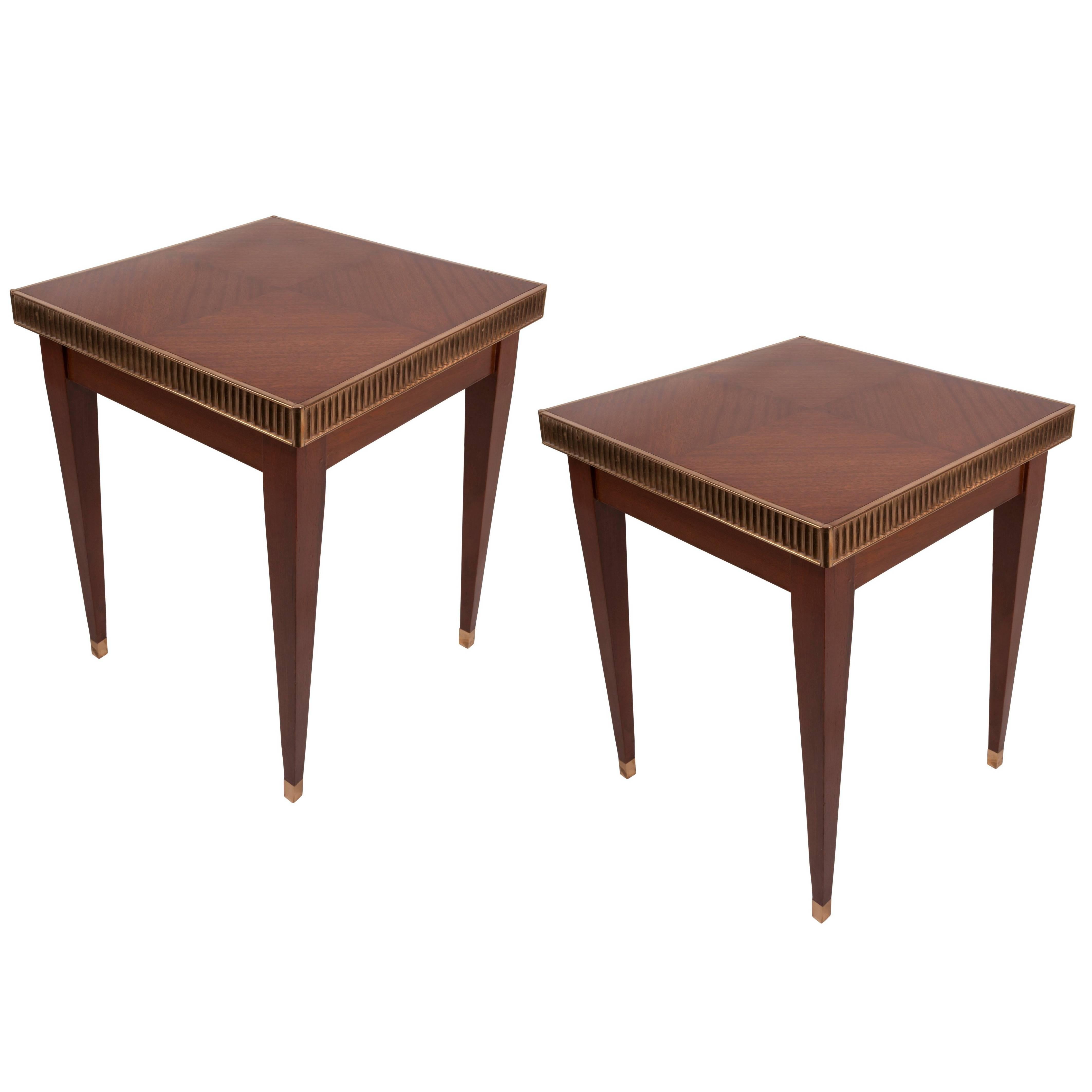 Pair of Rare French Art Deco Mahogany and Brass Side Tables