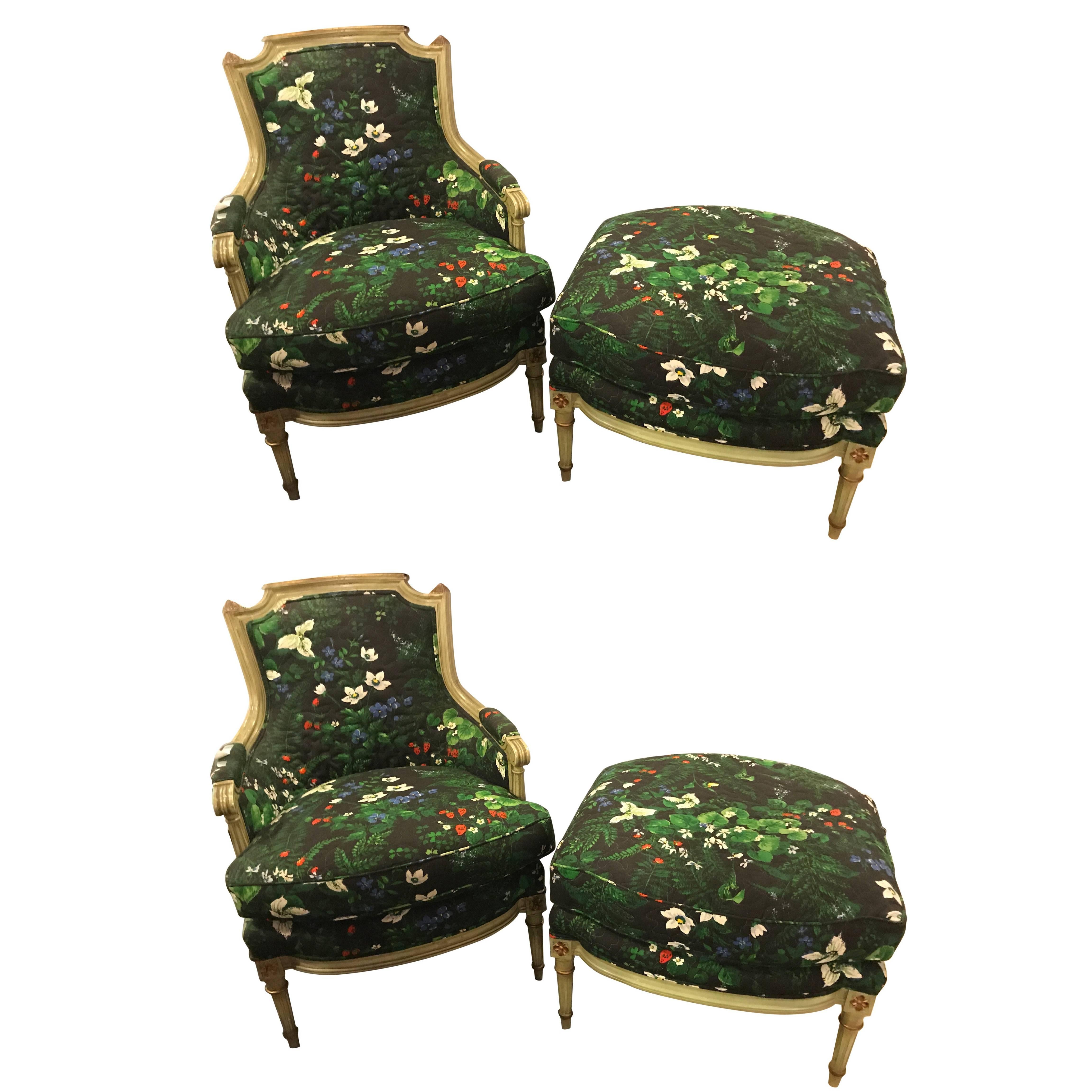 Pair of Louis XVI Style Bergere Chairs and Matching Ottomans by Jansen