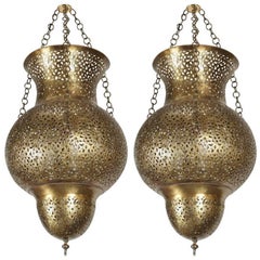 Pair of Moroccan Moorish Polished Brass Chandeliers