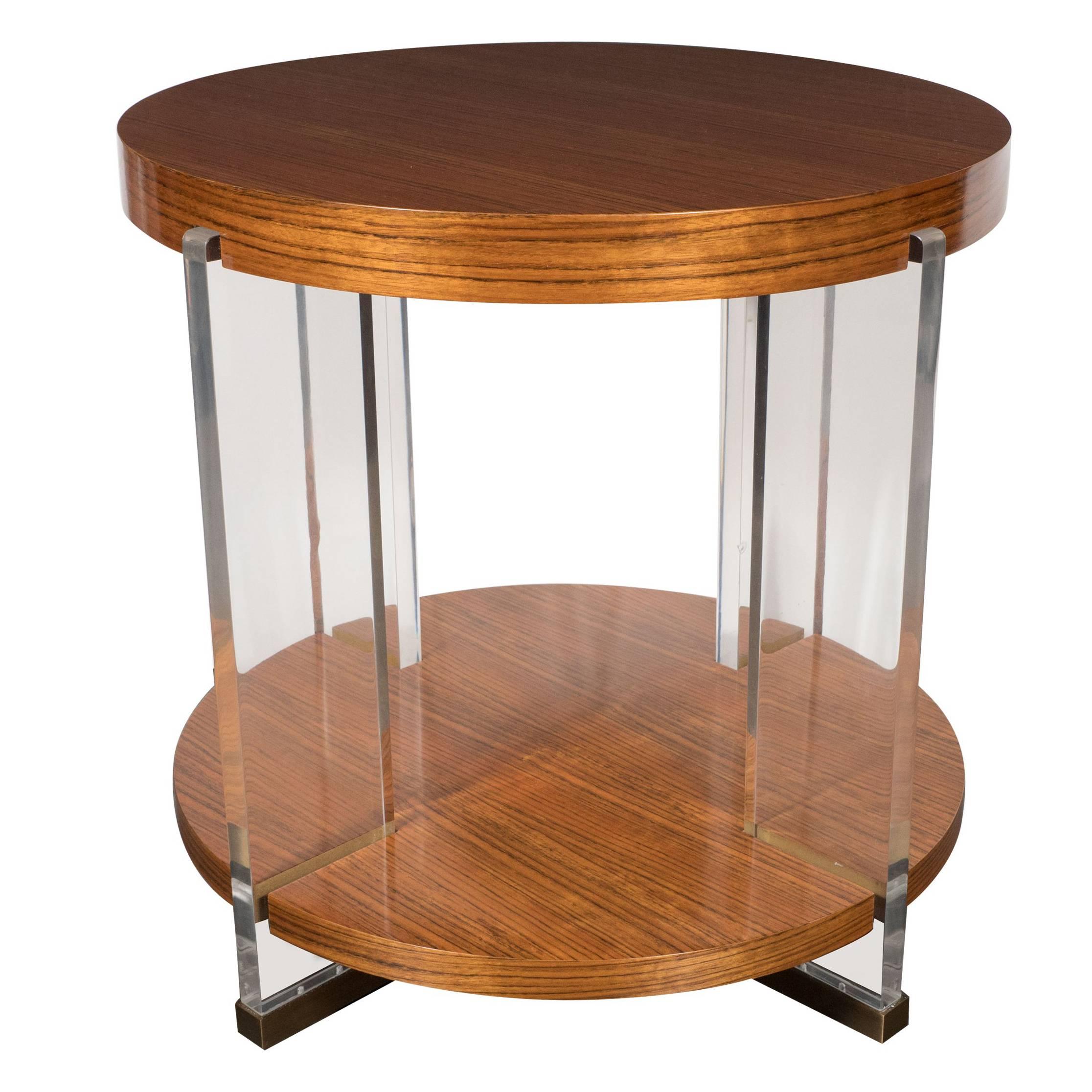 Vanguard Circular Table in Bookmatched Mozambique with Lucite Supports