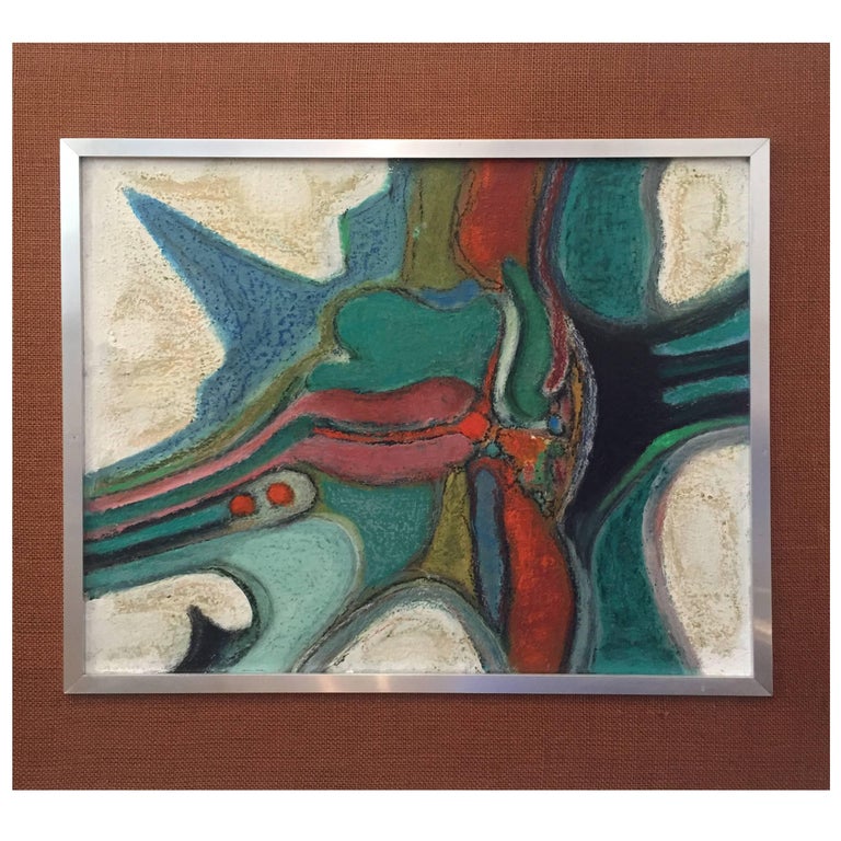 1950's or 60's abstract French Oil Painting by Pierre Havret, Original Frame For Sale