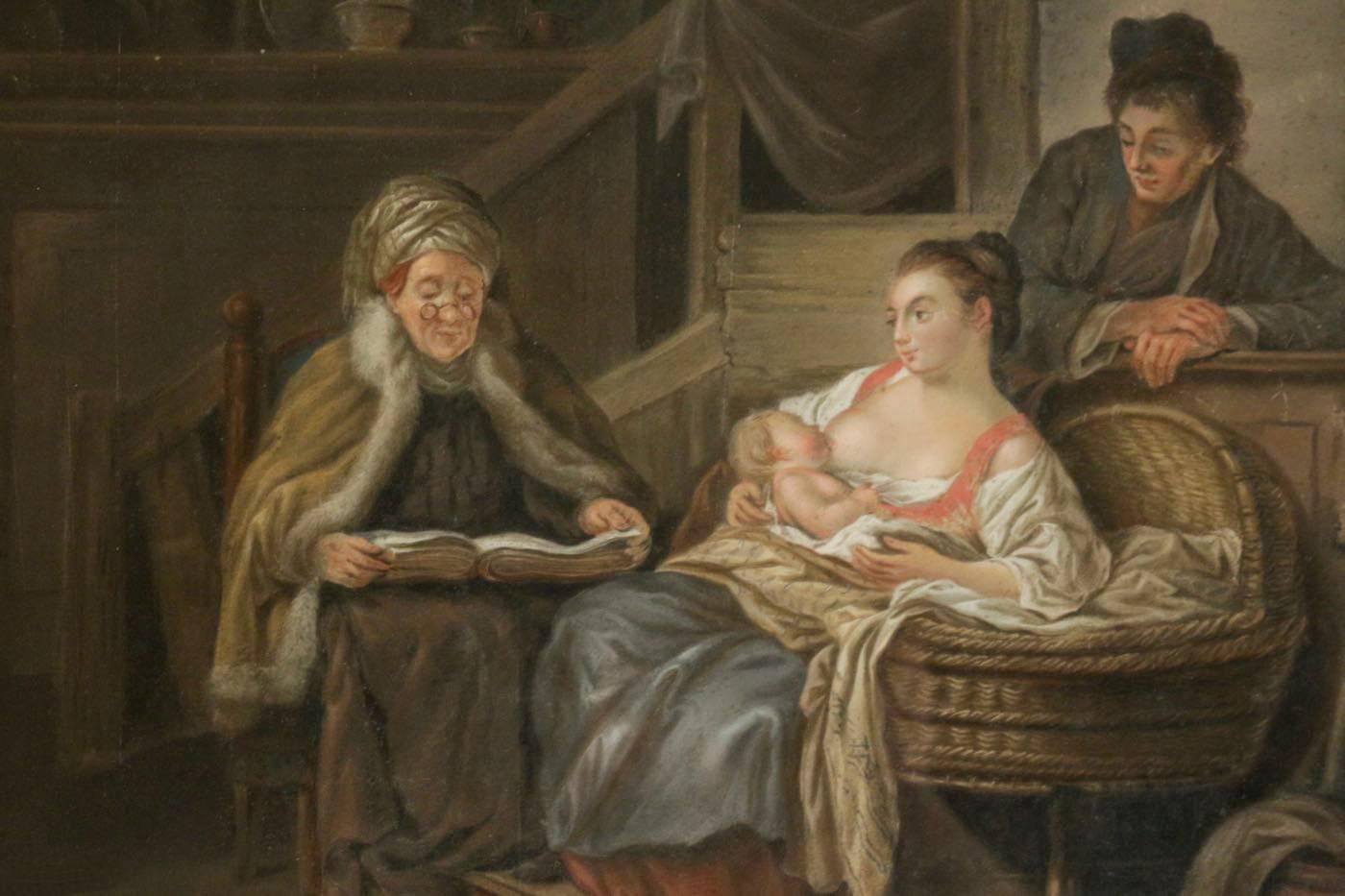 Late 18th Century French School of Figurative Pastel Happy Motherhood in Russia In Good Condition For Sale In Saint Ouen, FR