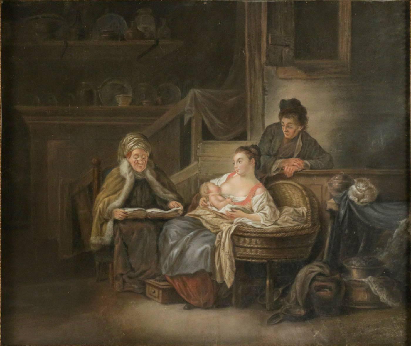 Painted Late 18th Century French School of Figurative Pastel Happy Motherhood in Russia For Sale