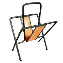 Jacques Adnet Leather and Wood Magazine Rack