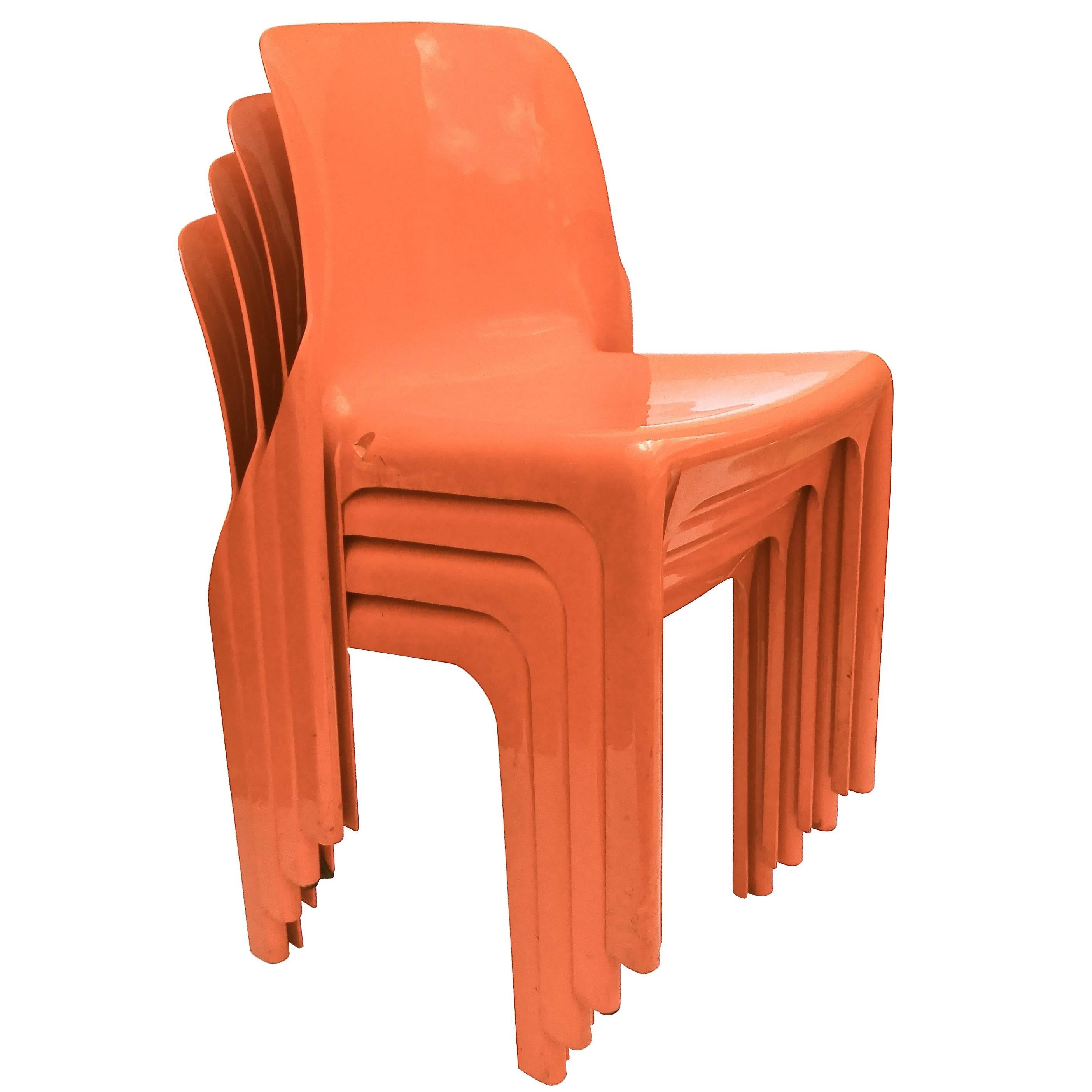 Vibrant Set of Four Vico Magistretti Italian Plastic Dining Chairs, 1970s For Sale