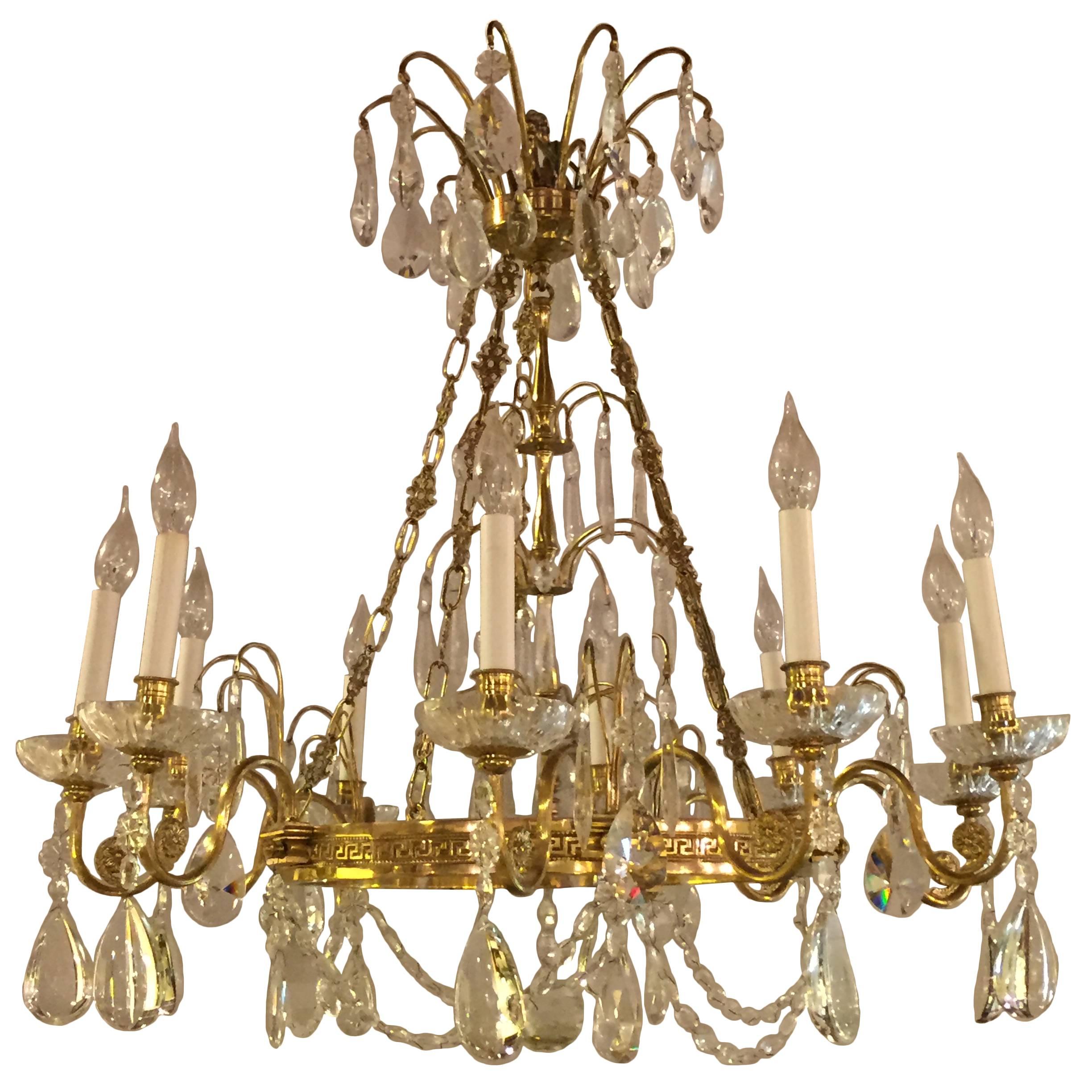 Russian Neoclassical Style Hollywood Regency Crystal and Brass Chandelier