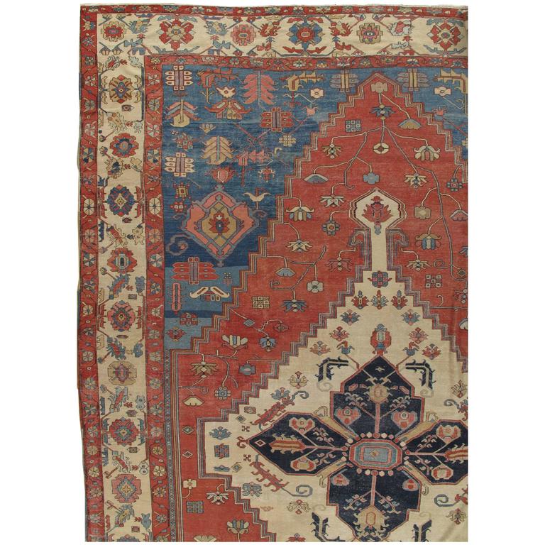 Antique Persian Serapi Carpet Handmade Wool Oriental Rug Ivory And Antique Persian Serapi Carpet Handmade Wool Oriental Rug Ivory And Light Blue