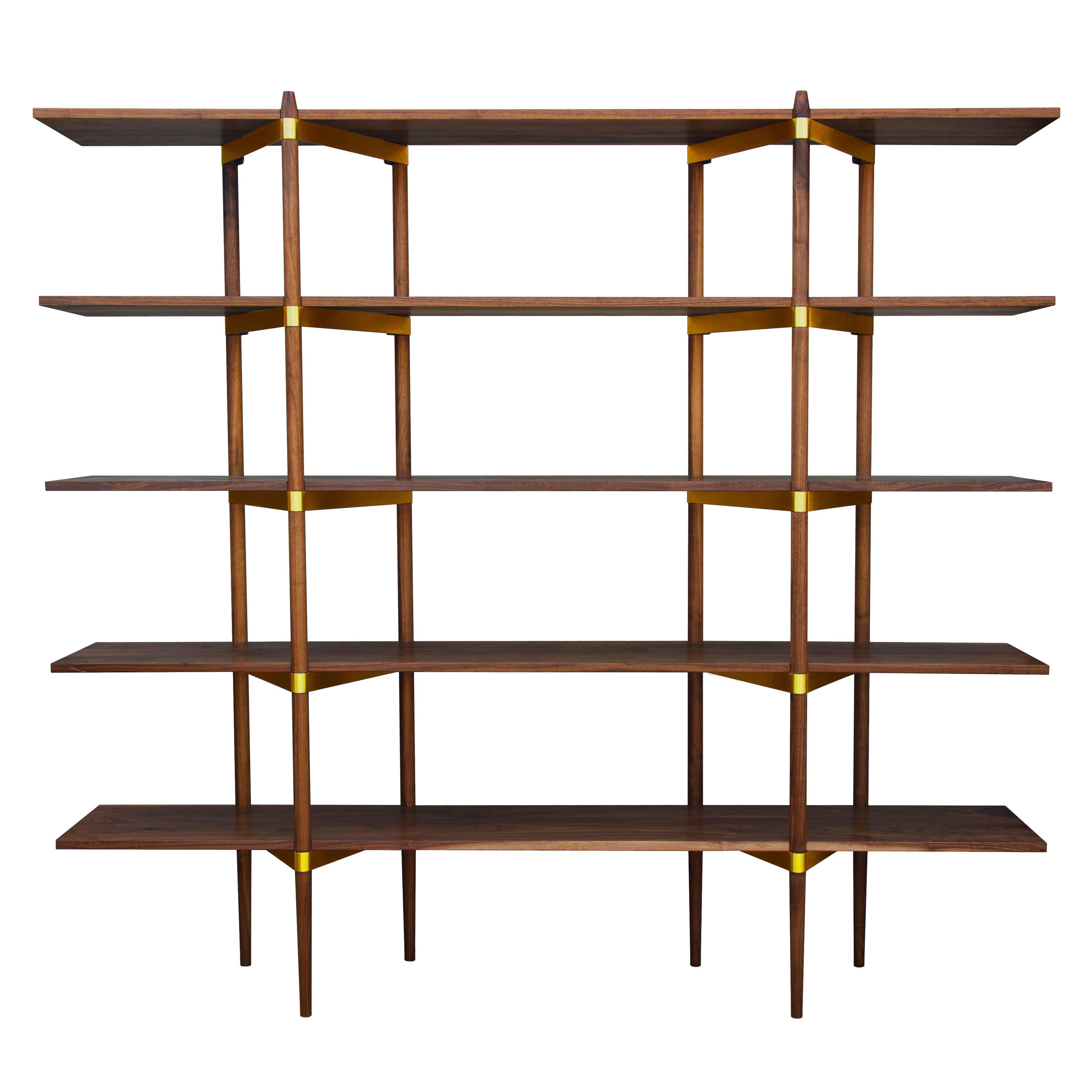 Casey Lurie Studio Modern High "Primo" Shelving System in Walnut with Brass