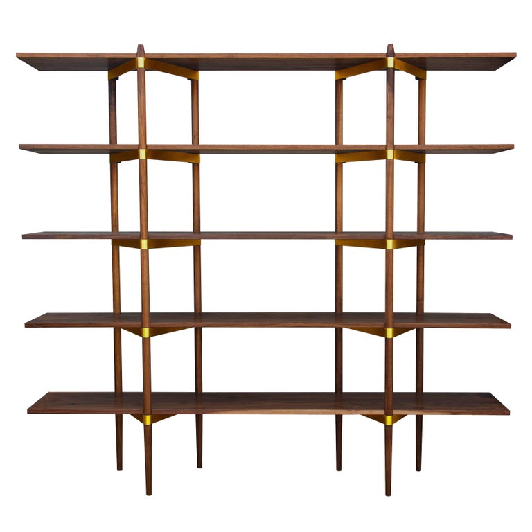 Casey Lurie Studio Modern High "Primo" Shelving System in Walnut with Brass For Sale