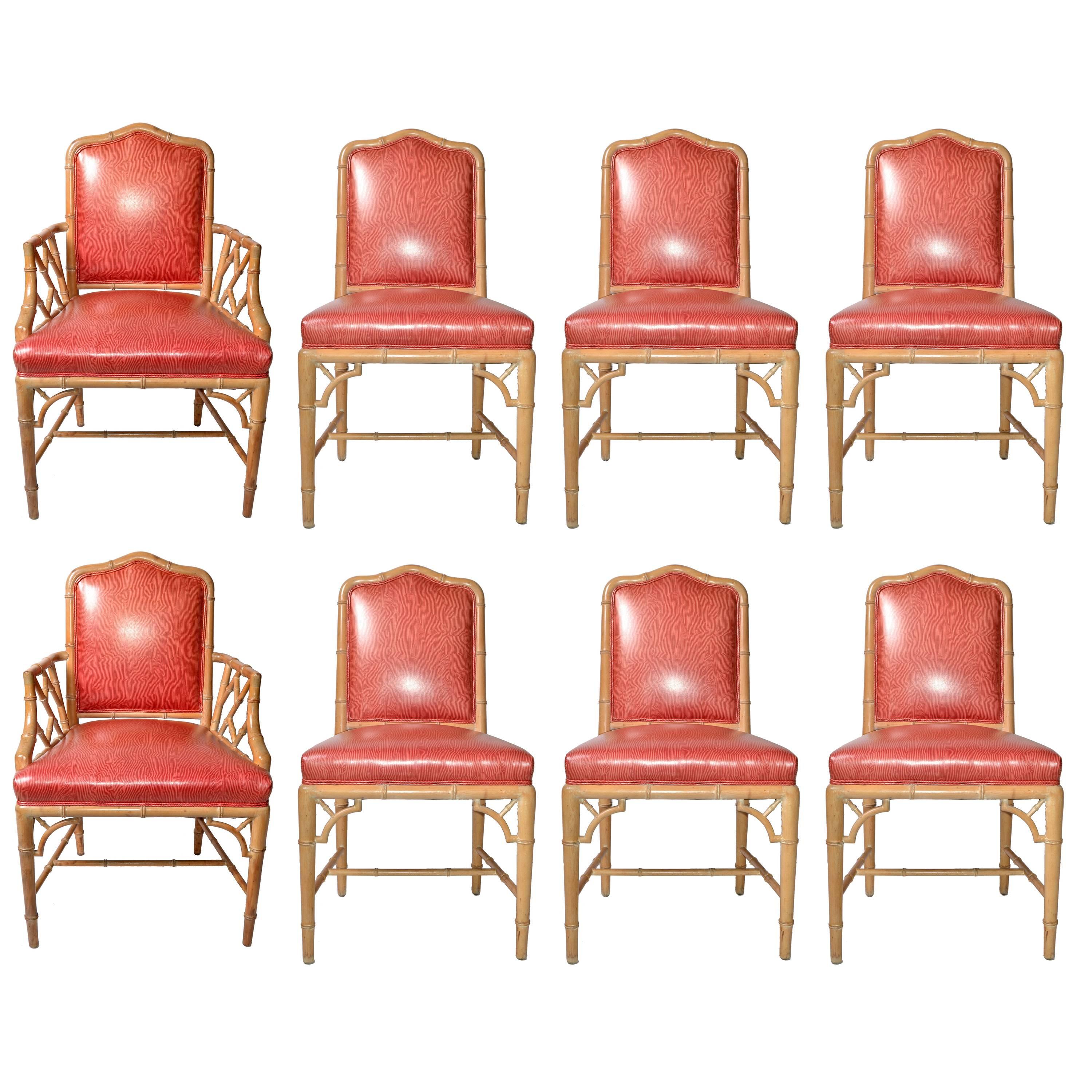 Faux Bamboo Chinese Chippendale Set of Eight Chairs in Vinyl
