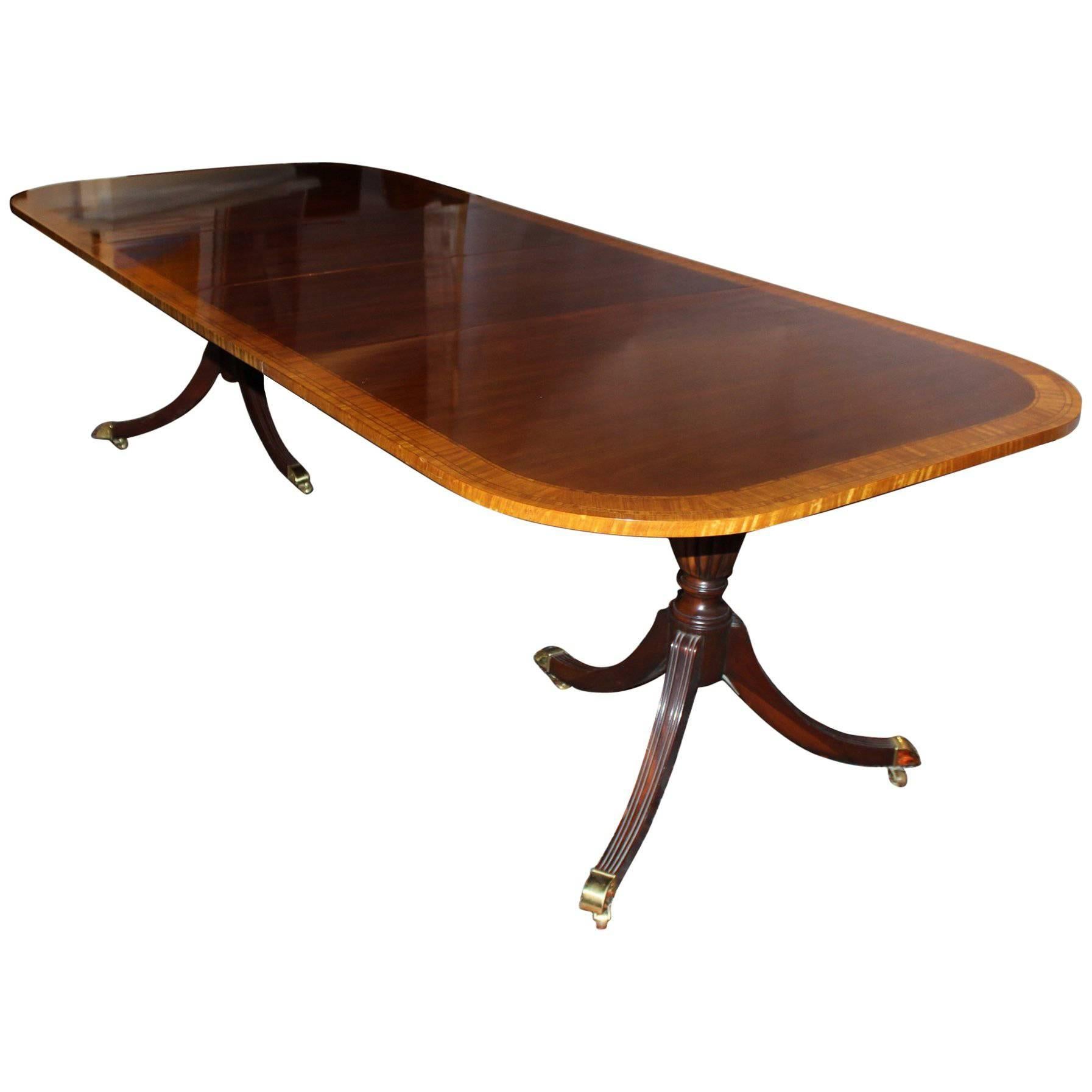 Splendid Double Banded Mahogany and Satinwood Double Pedestal Dining Table