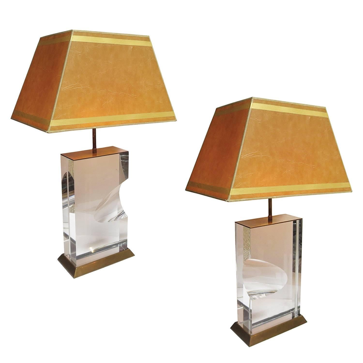 Lucite and Brass Lamps Signed Jeffrey Bigelow, 1991