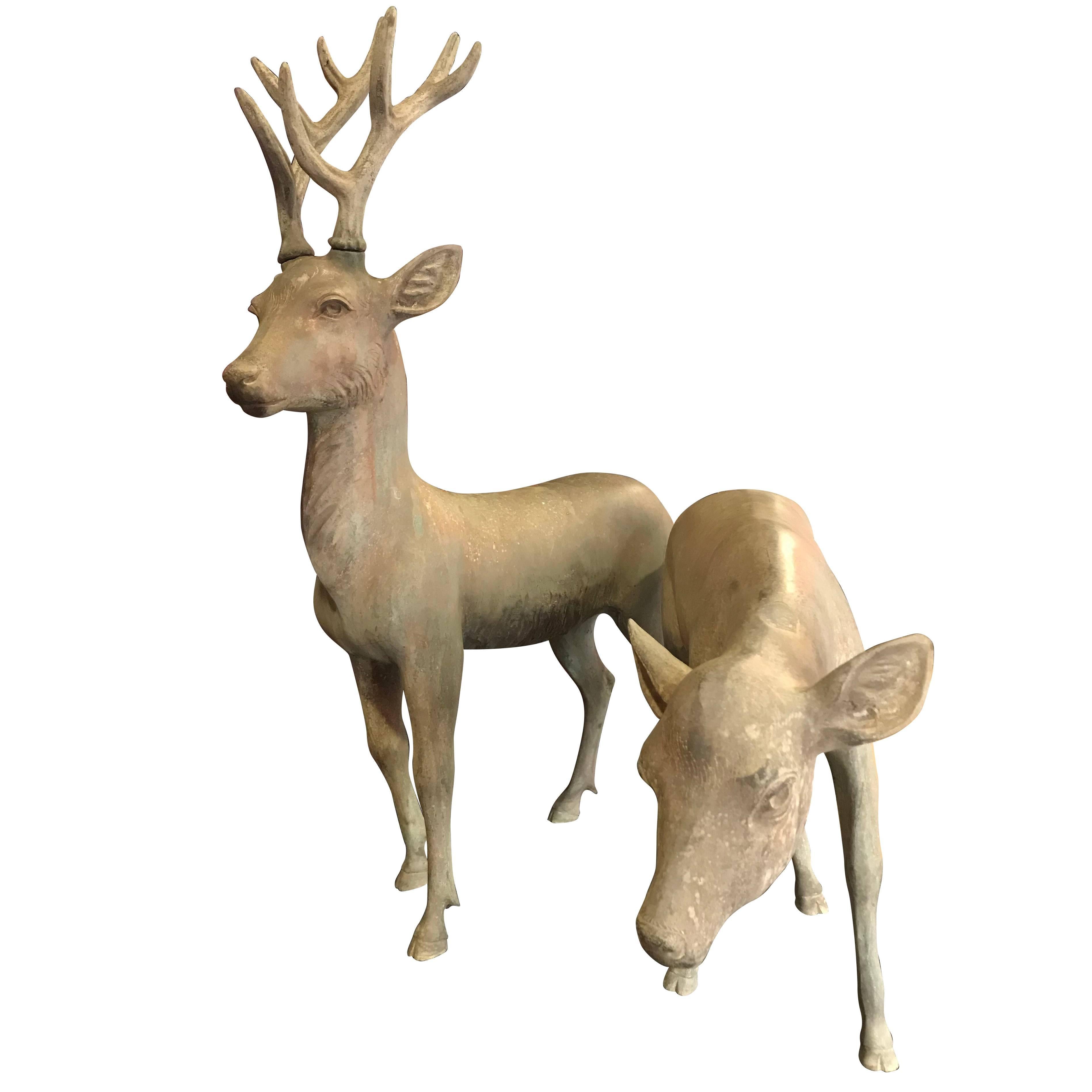 Japan Pair of Hand Cast Bronze Sika Deer Beautiful Details